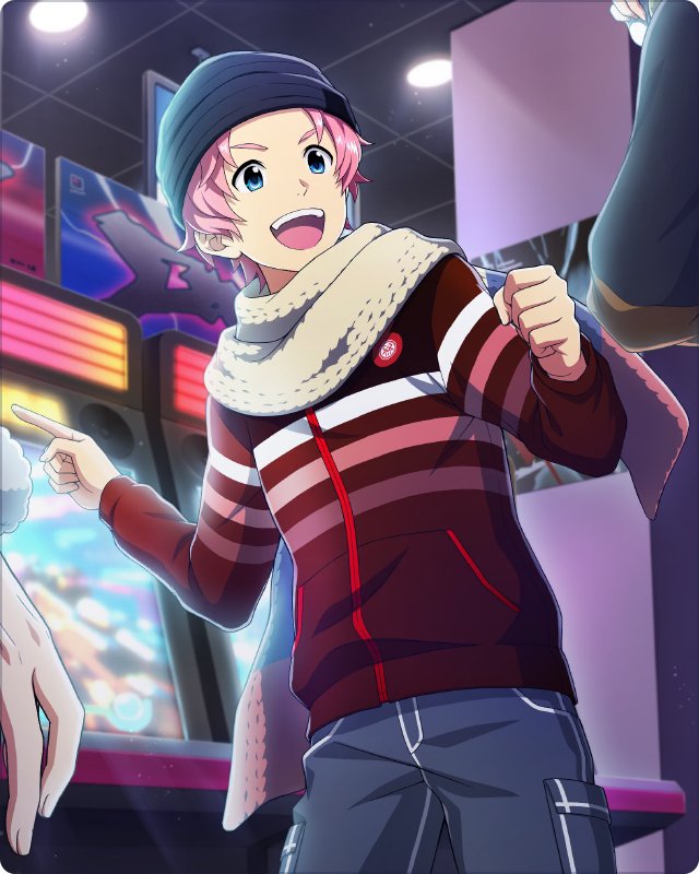 1boy arcade blue_eyes clenched_hand coat fingernails hat idolmaster idolmaster_side-m idolmaster_side-m_growing_stars kabuto_daigo long_sleeves male_focus official_art open_mouth out_of_frame pink_hair pointing scarf smile solo_focus teeth upper_teeth_only