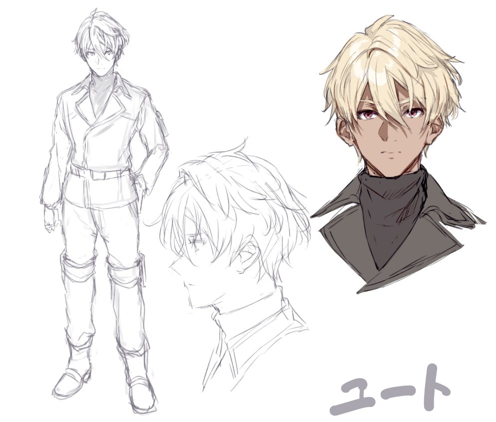 1boy 86_-eightysix- bangs blonde_hair closed_mouth dark_skin formal from_side full_body hair_between_eyes jacket long_sleeves looking_at_viewer md5_mismatch military military_uniform red_eyes shirabi shirt short_hair simple_background sketch solo uniform white_background yuuto_crow