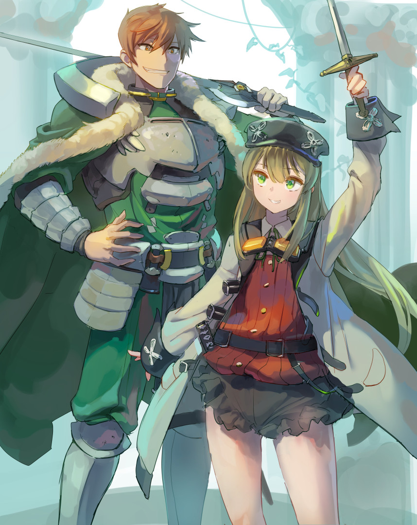 1boy 1girl armor belt black_belt black_headwear black_shorts breastplate brown_eyes brown_hair buttons coat el_mofus_3_(rance_10) father_and_daughter fur-trimmed_armor goggles goggles_around_neck green_eyes green_pants green_shirt holding holding_sword holding_weapon kazo_(kazozakazo) long_hair pants rance rance_(series) rance_10 red_shirt shirt short_hair shorts sword weapon white_coat