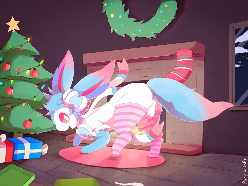 blue_hair blue_paws christmas christmas_lights christmas_tree clothing eeveelution feral fireplace fluffy fluffy_tail generation_6_pokemon genitals gift hair half-erect happy holidays legwear looking_back male multicolored_ears multicolored_tail night nintendo penis pink_clothing pink_legwear pink_thigh_highs plant pokemon pokemon_(species) purpleninfy red_eyes ribbons solo sylveon tail thigh_highs tree white_body window