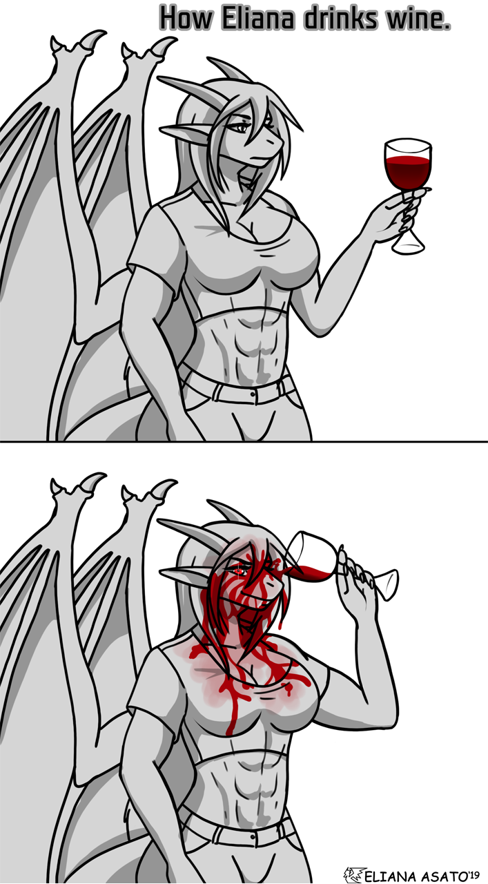 abs alcohol anthro athletic athletic_anthro athletic_female bangs beverage bottomwear breasts clothed clothed_breasts clothing comic comic_panel container crazy_face crop_top cup digital_media_(artwork) dragon drinking_glass eliana-asato ena_(eliana) english_text female glass glass_container glass_cup hair happy hi_res holding_glass holding_object horn humor insane long_hair looking_at_object looking_at_viewer monochrome muscular muscular_anthro non-mammal_breasts red_eyes shirt simple_background simple_coloring smile solo straight_horn t-shirt text topwear white_background wine wine_glass wine_on_body wings