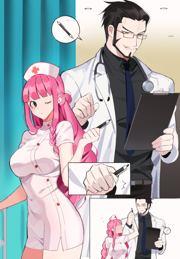 1boy 1girl ? black_eyes black_hair commentary_request curtains doctor dracule_mihawk eyelashes hat holding holding_pen infirmary joman korean_commentary long_hair nurse nurse_cap one_eye_closed one_piece panels pen perona pink_hair short_hair speech_bubble standing stethoscope yellow_eyes