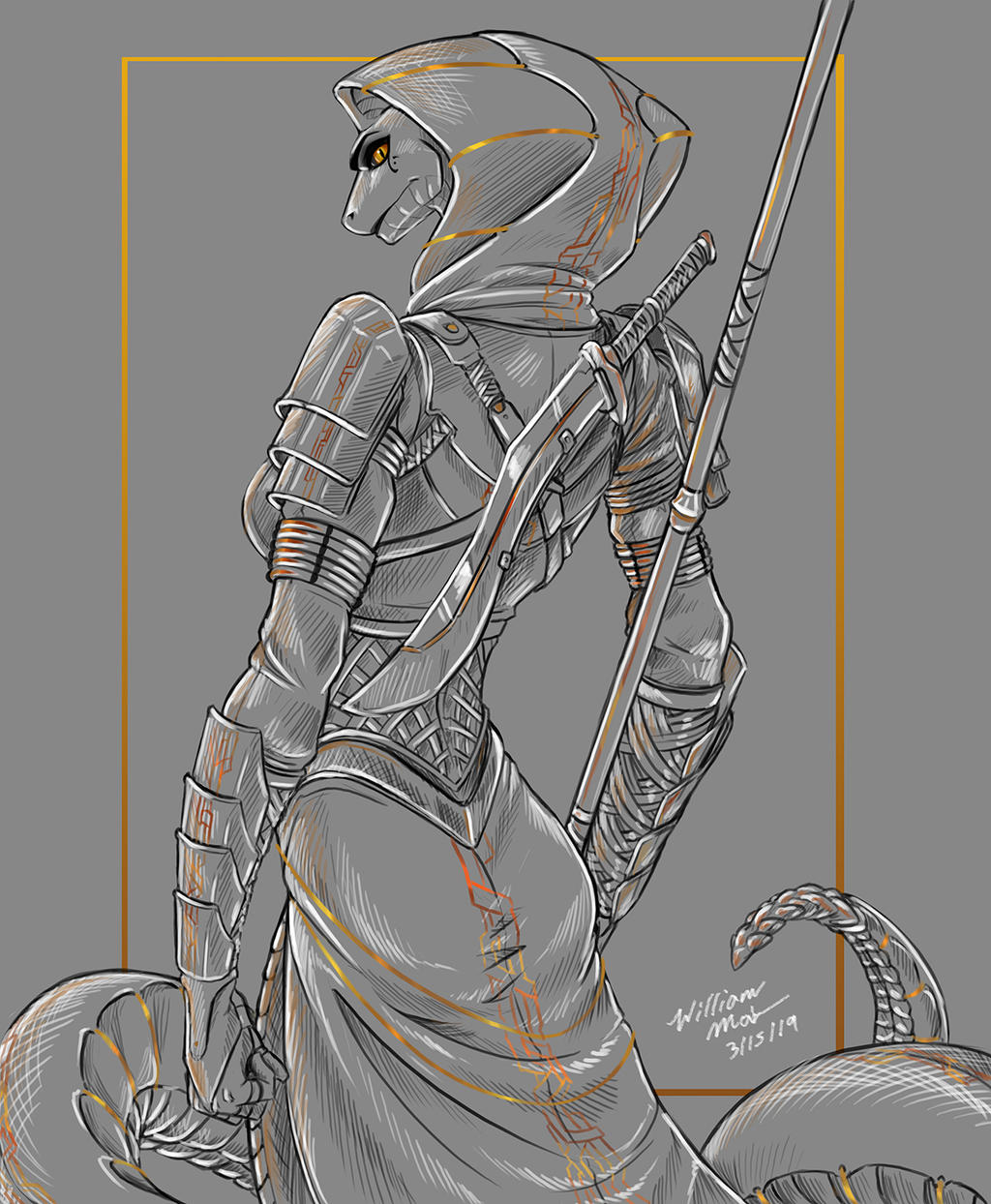2019 anthro apode armor armor_plates clothing draconcopode female gauntlets gloves handwear hi_res legless melee_weapon naga polearm pupils reptile scalie serpentine shaded simple_background simple_shading sketch slit_pupils snake snake_hood solo spear sword tail weapon wmdiscovery93