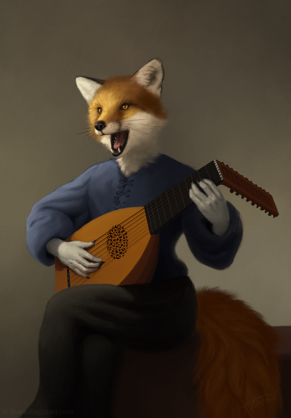 2019 5_fingers ambiguous_gender anatomically_correct anthro black_bottomwear black_clothing black_pants blue_clothing blue_shirt blue_topwear bottomwear brown_background canid canine clothed clothing digital_media_(artwork) digital_painting_(artwork) fingers fox fur hi_res inspired_by_formal_art lute mammal musical_instrument open_mouth orange_body orange_fur pants plucked_string_instrument shirt simple_background solo storm_engineer string_instrument topwear white_body white_fur yellow_eyes