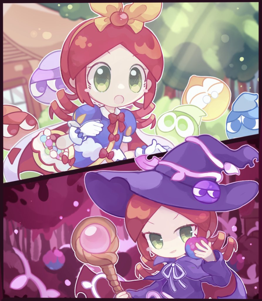 1girl 1other andou_ringo apple apple_hair_ornament apple_poison blue_dress chibi cinderella dress drill_hair flower food food-themed_hair_ornament fruit green_eyes hair_ornament hat holding holding_food holding_fruit puyo_(puyopuyo) puyopuyo puyopuyo_quest red_apple red_hair ribbon user_hguh3744 witch_hat yellow_ribbon