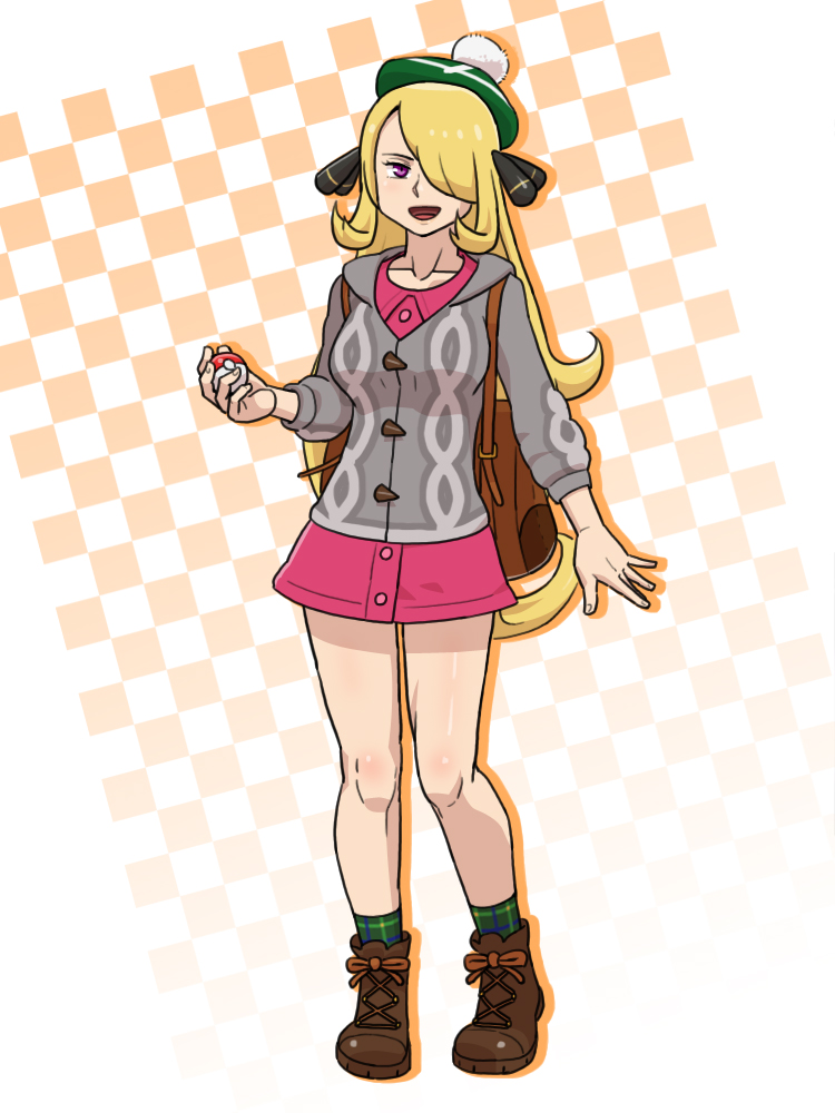 1girl :d alternate_eye_color backpack bag blonde_hair boots brown_bag brown_footwear buttons cable_knit cardigan collared_dress commentary_request cosplay cynthia_(pokemon) dress full_body gloria_(pokemon) gloria_(pokemon)_(cosplay) green_headwear green_socks grey_cardigan habatakuhituji hair_ornament hair_over_one_eye hat holding holding_poke_ball hooded_cardigan knees long_hair open_mouth pink_dress plaid_socks poke_ball poke_ball_(basic) pokemon pokemon_(game) pokemon_dppt pokemon_swsh purple_eyes smile socks solo standing tam_o'_shanter tongue