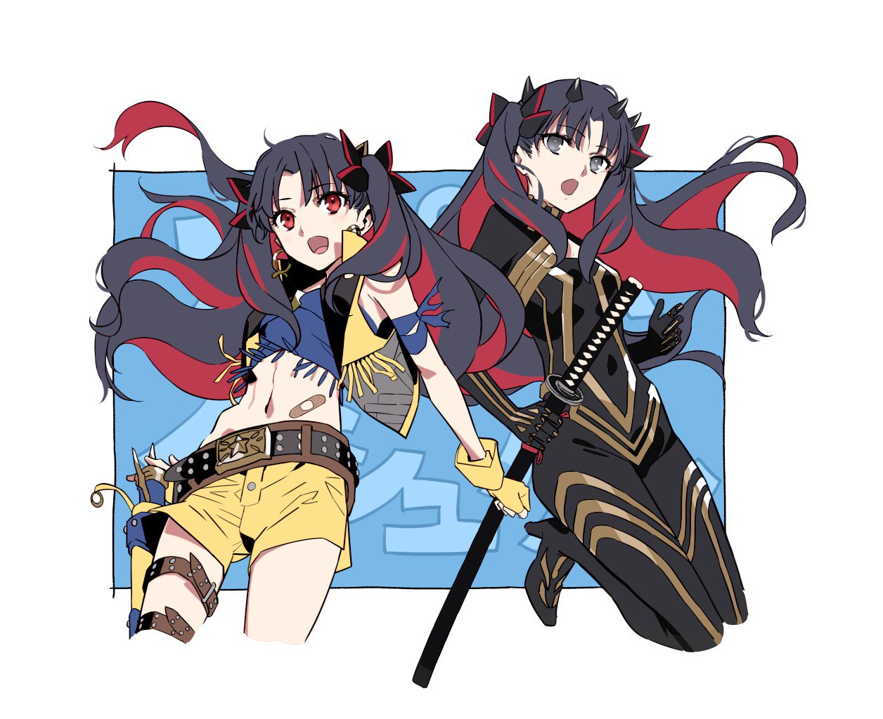 2girls bandaid black_hair breasts colored_inner_hair fate/grand_order fate_(series) grey_eyes katana midriff morii_shizuki multicolored_hair multiple_girls navel red_eyes red_hair small_breasts space_ishtar_(first_ascension)_(fate) space_ishtar_(second_ascension)_(fate) sword weapon