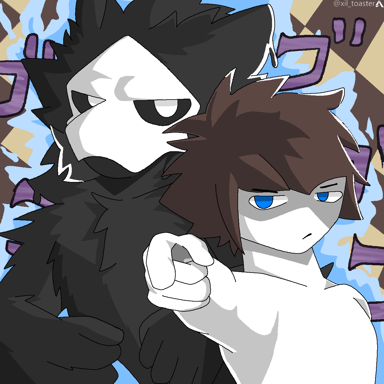 4_fingers ambiguous_gender anthro black_body black_fur blue_eyes brown_hair canid canine canis changed_(video_game) duo fingers fur goo_creature hair hi_res human jojo's_bizarre_adventure jojo_pose lin_(changed) looking_at_viewer male mammal mask puro_(changed) white_body white_eyes wolf xil_(artist)