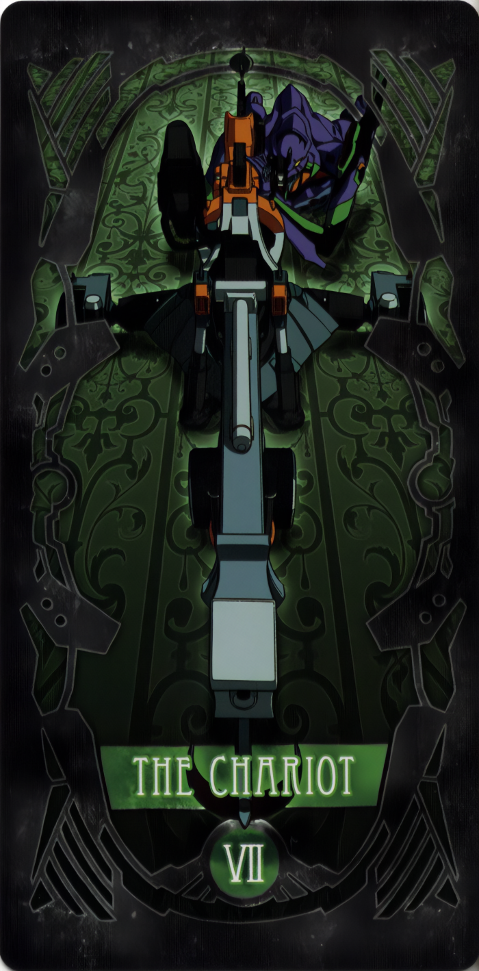 card eva_01 evangelion_(mecha) gun highres lying neon_genesis_evangelion non-web_source on_stomach rifle sniper_rifle tarot the_chariot_(tarot) weapon