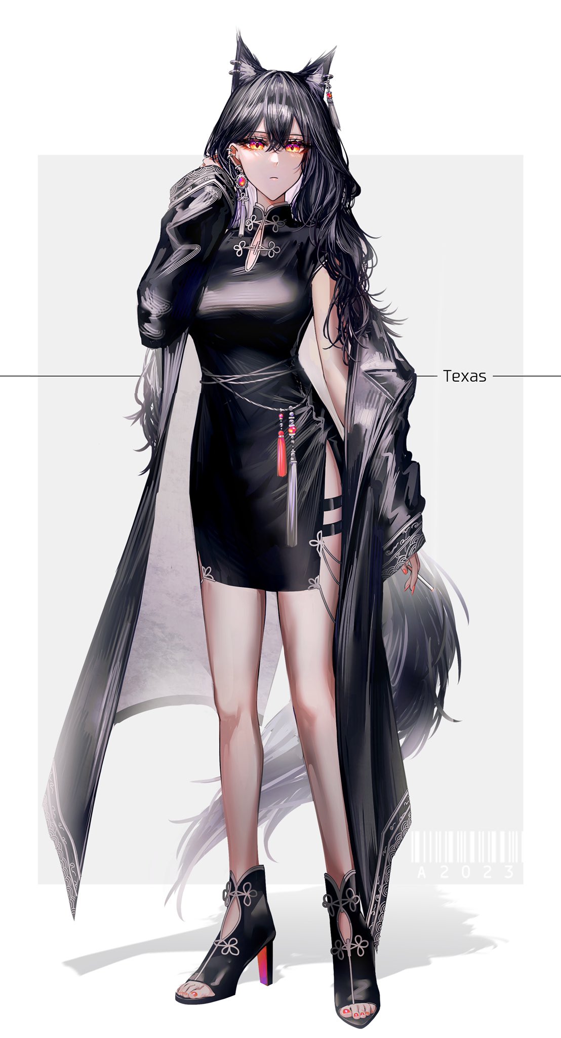 1girl akqne alternate_costume animal_ear_fluff animal_ears arknights bangs bare_legs between_fingers black_coat black_dress black_footwear black_hair breasts character_request china_dress chinese_clothes cigarette closed_mouth coat dress earrings expressionless extra_ears full_body grey_background high_heels highres holding holding_cigarette jewelry long_hair long_sleeves looking_at_viewer medium_breasts nail_polish off_shoulder open_clothes open_coat orange_eyes red_nails simple_background solo standing tail texas_(arknights) toeless_footwear toenail_polish toenails wolf_ears wolf_girl wolf_tail