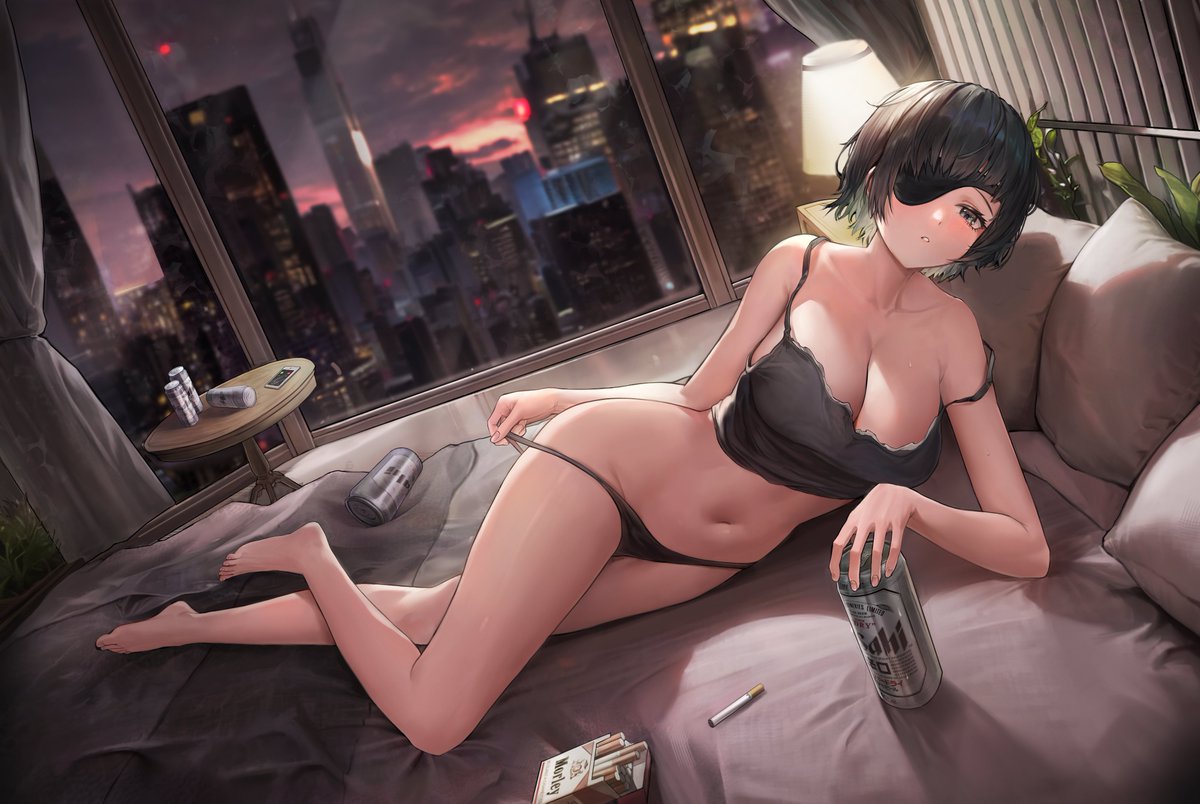 1girl asahi_breweries bare_arms bare_legs bare_shoulders barefoot bcfma bed beer_can black_camisole black_eyes black_hair black_panties brand_name_imitation breasts building camisole can cellphone chainsaw_man cigarette cigarette_pack cityscape cleavage collarbone crop_top curtains drink eyepatch feet full_body groin himeno_(chainsaw_man) holding holding_drink indoors lamp large_breasts legs looking_at_viewer lying navel nightstand on_bed on_side one_eye_covered panties panty_pull parted_lips phone pillow plant short_hair smartphone solo spaghetti_strap stomach strap_slip string_panties table toes underwear window