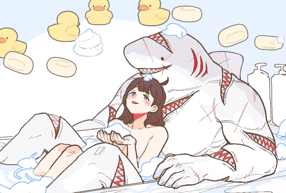 ahoge anthro bathing bathing_together beady_eyes blue_eyes blush brown_hair bubble convenient_censorship countershade_face countershade_torso countershading crack_ship duo female fin fingernails fish gills greta_(lor) grey_body hair hod_(project_moon) holding_object human library_of_ruina lying_on_another mammal marine multi_mouth nails nude pale_skin red_eyes rubber_duck scar shark sharp_teeth sitting smile soap soap_dispenser teeth tldkswnj toothy_grin white_body