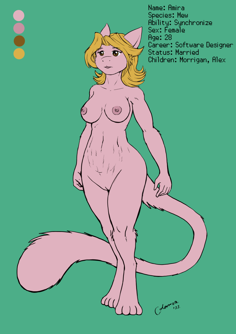 2022 4_toes 5_fingers amira_(swordfox) anthro areola blonde_hair breasts brown_eyes color_edit color_swatch colored edit english_text feet felid female fingers flat_colors front_view fur generation_1_pokemon genitals hair hi_res legendary_pokemon long_tail mammal medium_breasts mew_(pokemon) model_sheet nintendo nipples pink_body pink_fur pokemon pokemon_(species) pokemorph postpartum_stomach pussy s-nina signature solo standing stretch_marks tail text toes