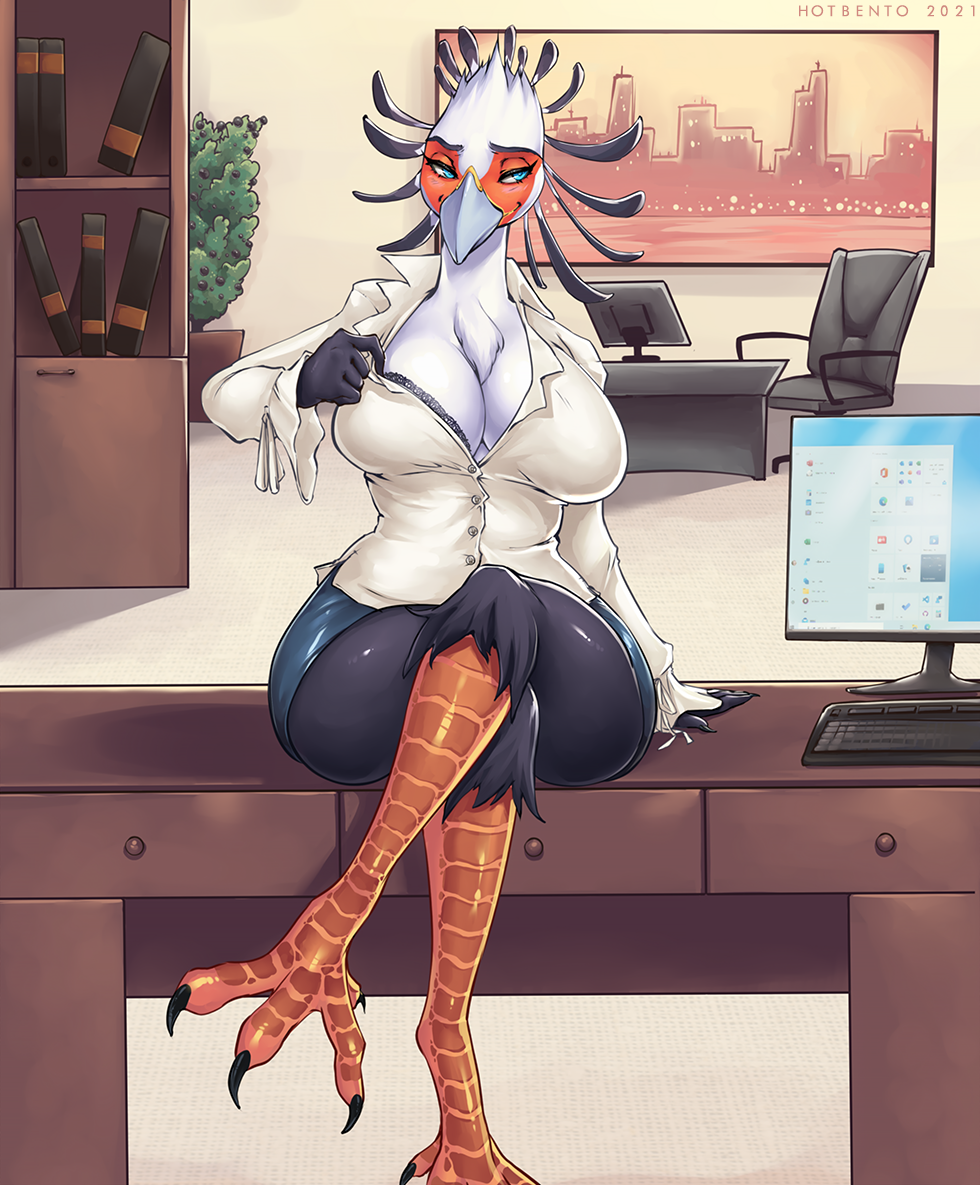 2021 accipitriform anthro avian avian_feet big_breasts bird blouse bottomwear breasts clothed clothing computer crossed_legs female hotbento lingerie office office_clothing open_clothing open_shirt open_topwear secretary_bird shirt sitting_on_table skirt solo teasing tight_clothing topwear tugging_clothing wide_hips