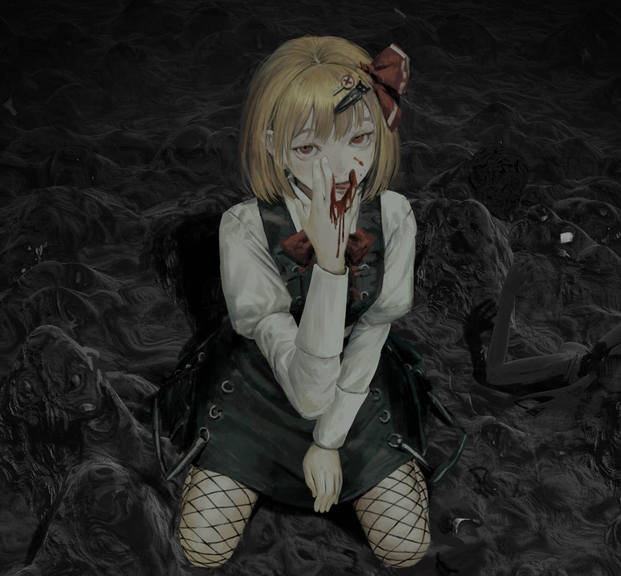 1girl bangs black_skirt black_vest blood blood_on_face blood_on_hands commentary_request fishnets full_body googerm hair_ornament hair_ribbon hairpin juliet_sleeves licking licking_blood licking_hand long_sleeves looking_at_viewer medium_hair open_mouth puffy_sleeves red_eyes red_ribbon red_tie ribbon rumia seiza shirt sitting skirt solo touhou vest white_shirt