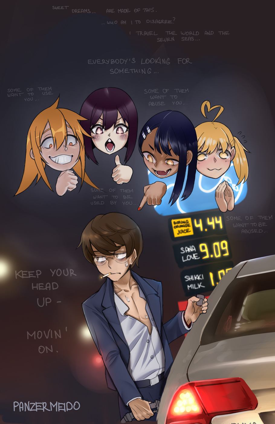 +_+ 1boy 4girls ahoge artist_name bangs blonde_hair blush brown_hair buttons car cigarette closed_mouth english_commentary english_text gamou_maki gas_pump gas_station grin ground_vehicle hachiouji_naoto hair_between_eyes hair_ornament hairclip highres ijiranaide_nagatoro-san long_hair long_sleeves looking_away looking_to_the_side medium_hair meme motor_vehicle multiple_girls nagatoro_hayase night open_mouth orange_eyes orange_hair outdoors own_hands_clasped own_hands_together panzermeido partially_unbuttoned photo-referenced pointing pointing_at_another purple_hair sakura_(nagatoro) sanpaku smile upper_body with_a_car_you_can_go_anywhere_you_want_(meme) yellow_eyes yoshi_(nagatoro)