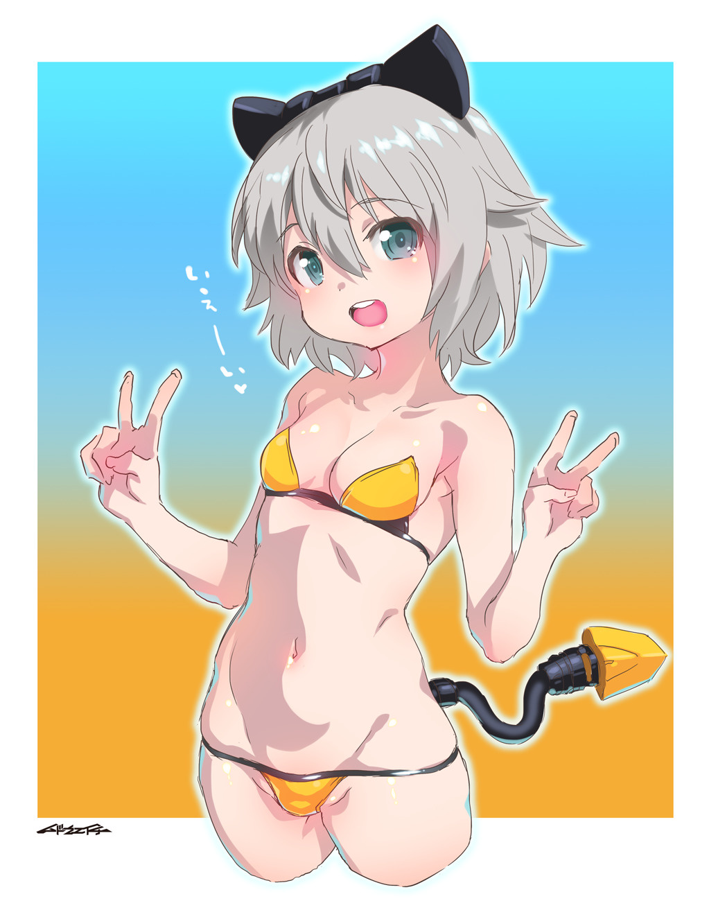 1girl bikini blush border breasts cowboy_shot cropped_legs double_v gradient_background grey_eyes grey_hair hair_between_eyes highres mechanical_ears mechanical_tail mudou_eichi navel open_mouth original short_hair small_breasts smile solo swimsuit tail teeth upper_teeth_only v white_border