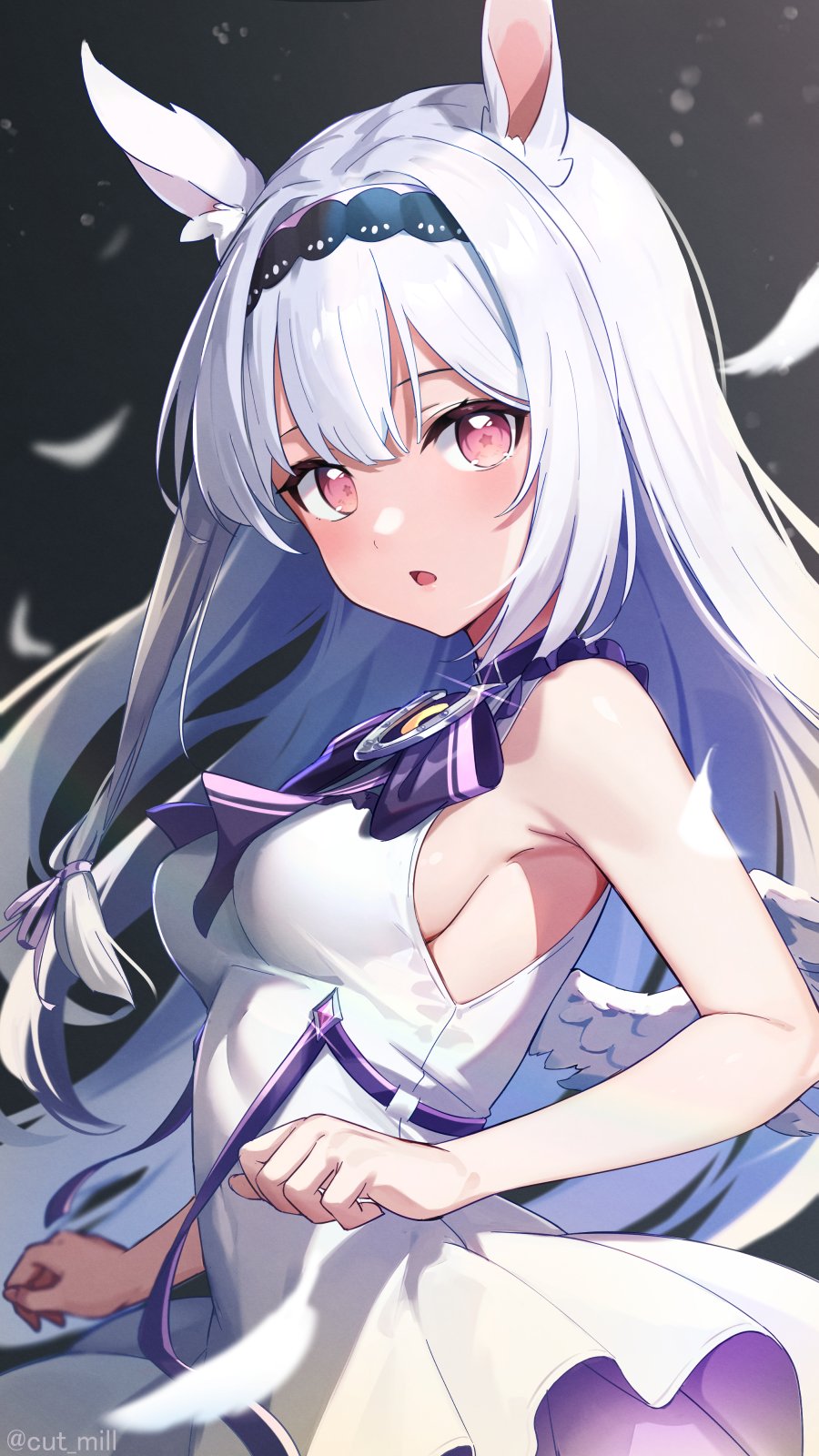 1girl aletta_sky alisia0812 bangs bare_shoulders blue_eyes blush breasts cleavage clothing_cutout dress hair_ornament highres jewelry large_breasts long_hair long_sleeves looking_at_viewer open_mouth production_kawaii skirt smile solo thighhighs virtual_youtuber white_hair