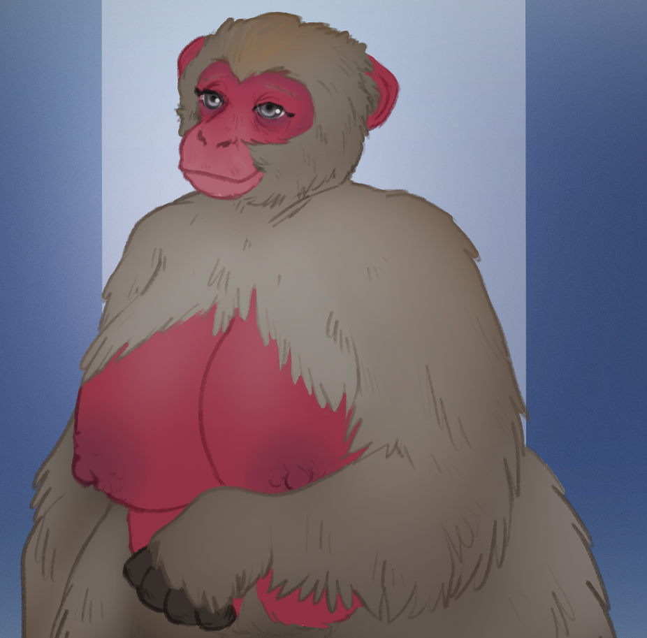 abstract_background age_difference anthro black_fingers breasts bumpy_areolas deermary exposed_breasts female fur grey_body grey_eyes grey_fur haplorhine japanese_macaque macaque mammal mature_female monkey nipples nude old old_world_monkey older_female overweight overweight_anthro overweight_female pink_body primate sagging_breasts solo thick_thighs wide_hips