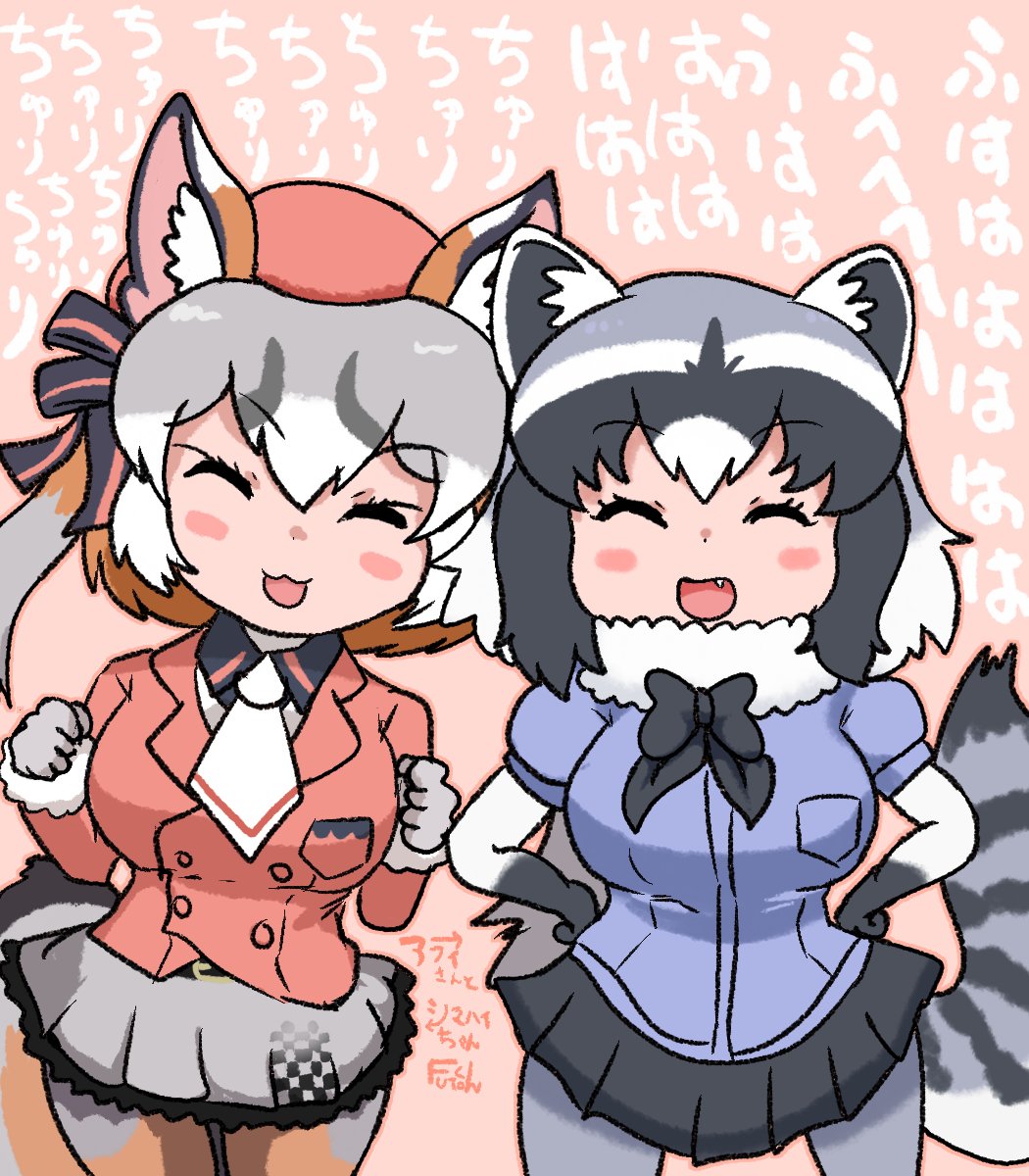 2girls animal_ears blazer bow bowtie common_raccoon_(kemono_friends) elbow_gloves extra_ears fox_ears fox_girl fox_tail futo_utsu gloves grey_hair hat highres island_fox_(kemono_friends) jacket kemono_friends kemono_friends_v_project long_hair multiple_girls necktie open_mouth pantyhose pink_background raccoon_ears raccoon_girl raccoon_tail ribbon shirt short_hair simple_background skirt smile tail virtual_youtuber