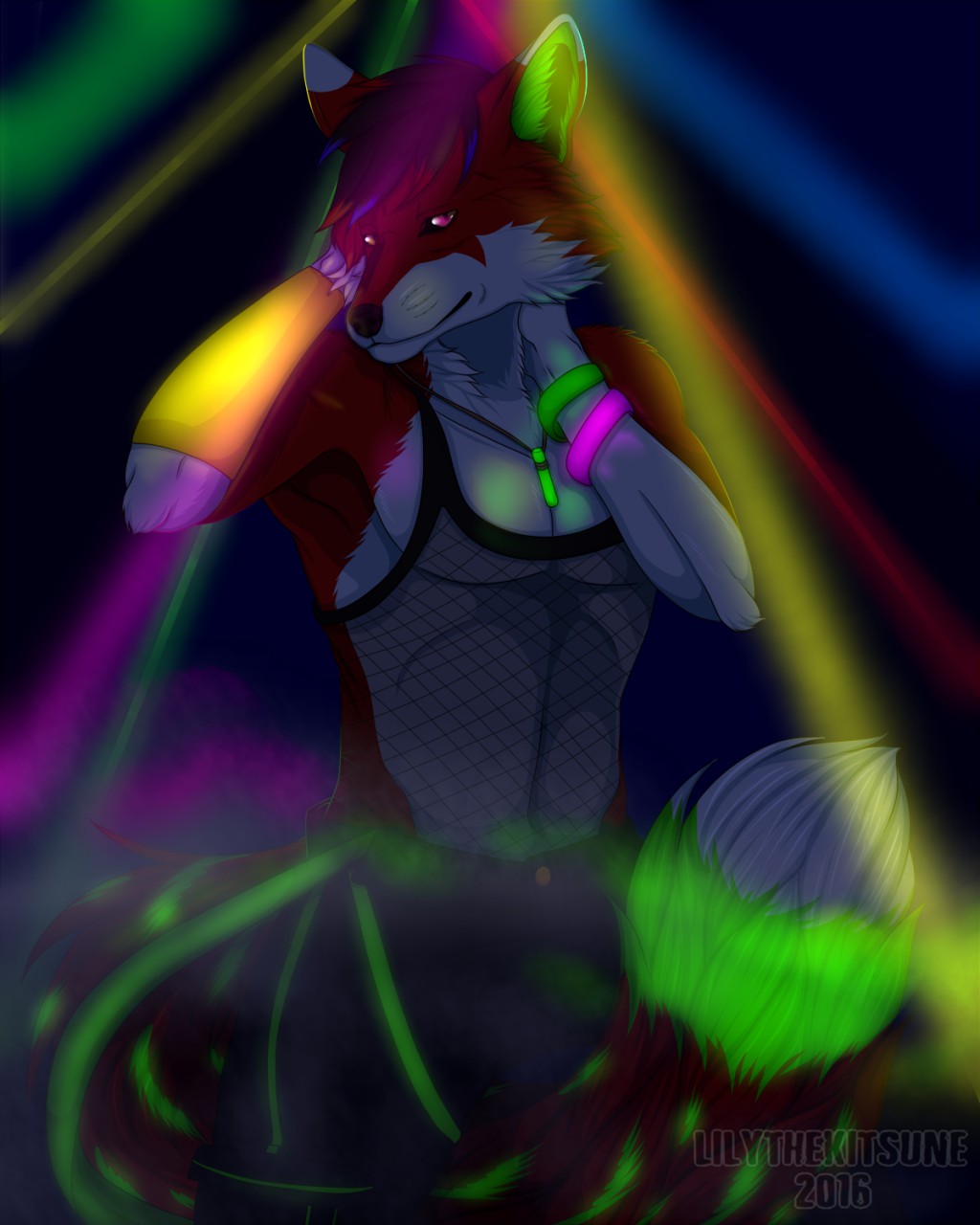 anthro canid canine dancing fishnet fox glowing glowing_eyes glowstick hatoma hi_res lights lilythekitsune looking_at_viewer male mammal nightclub pose rave solo