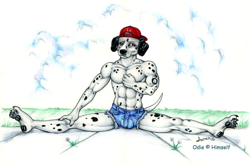 2005 5_fingers 5_toes abs anthro auradeva backwards_baseball_cap backwards_hat baseball_cap black_ears black_pawpads black_spots bottomwear brown_eyes bulge canid canine canis claws clothed clothing cloud colored_pencil_(artwork) cutoffs dalmatian denim denim_clothing domestic_dog feet fingers fist flexible fur grass hand_on_chest hat headgear headwear male mammal muscular muscular_anthro muscular_male o-dawg outside pawpads plant red_baseball_cap red_clothing red_hat red_headwear shorts sidewalk signature solo splits spots spread_legs spreading toes topless topless_anthro topless_male traditional_media_(artwork) white_body white_fur