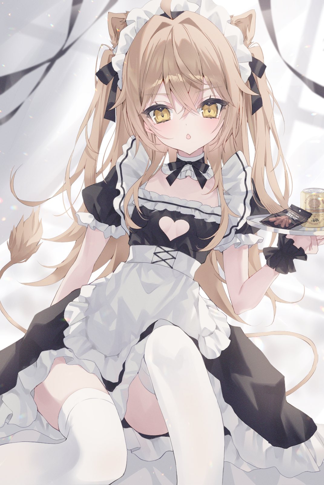 1girl ahoge alcohol animal_ears apron bangs beer black_dress black_ribbon cleavage_cutout clothing_cutout dress feet_out_of_frame hair_between_eyes hair_ribbon highres holding holding_tray indie_virtual_youtuber light_brown_hair lion_ears lion_girl lion_tail long_hair looking_at_viewer maid maid_apron maid_headdress noah_(0noah) open_mouth puffy_short_sleeves puffy_sleeves ribbon rurudo_lion short_sleeves sitting solo tail thighhighs tray two_side_up virtual_youtuber white_thighhighs yellow_eyes
