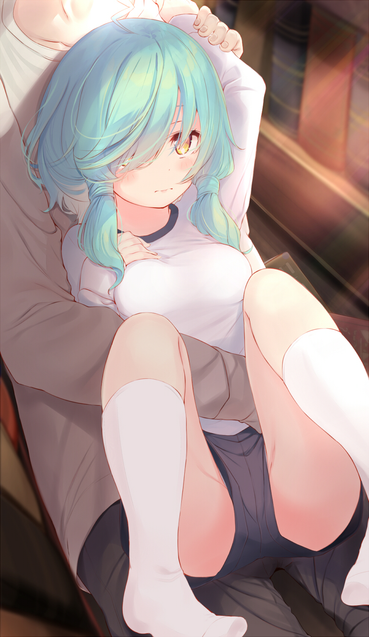 1boy 1girl ahoge aqua_hair bangs blush book breasts bulge collarbone frown grey_pants groin_tendon gym_shirt gym_shorts gym_uniform hand_on_own_chest head_out_of_frame highres holding_another's_arm indoors kneehighs komone_ushio lightning_ahoge long_sleeves looking_at_viewer low_twintails medium_breasts medium_hair one_eye_covered original pants shirt short_shorts short_sleeves shorts sidelocks sitting sitting_on_lap sitting_on_person socks solo_focus thighs torso_grab twintails wavy_mouth white_shirt yellow_eyes