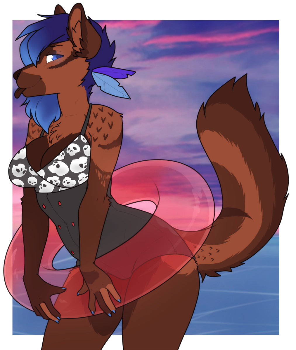 2018 5_fingers accessory alpha_channel anthro biped black_clothing black_one-piece_swimsuit black_swimwear blue_eyes blue_hair border breasts brown_body brown_fur brown_nose brown_tongue canid canine clothed clothing cloud digital_media_(artwork) female fingers flower flower_in_hair fur gradient_hair hair hair_accessory hi_res inflatable inner_tube mammal one-piece_swimsuit outside plant portrait sea sky solo standing swimwear tail three-quarter_portrait tongue tongue_out transparent_border water zyira