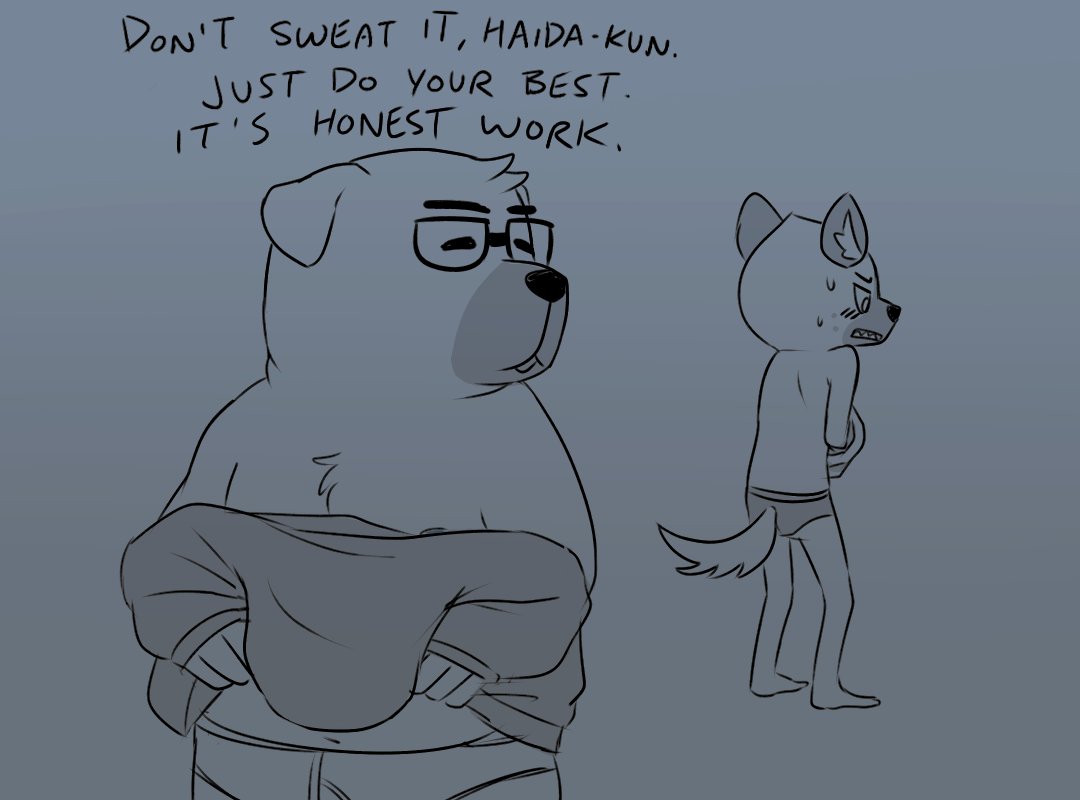 aggressive_retsuko anthro belly butt canid canine canis clothing domestic_dog duo embarrassed english_text eyewear glasses haida humor hyena male male/male mammal nipples overweight sanrio sketch stickly text underbite underwear undressing