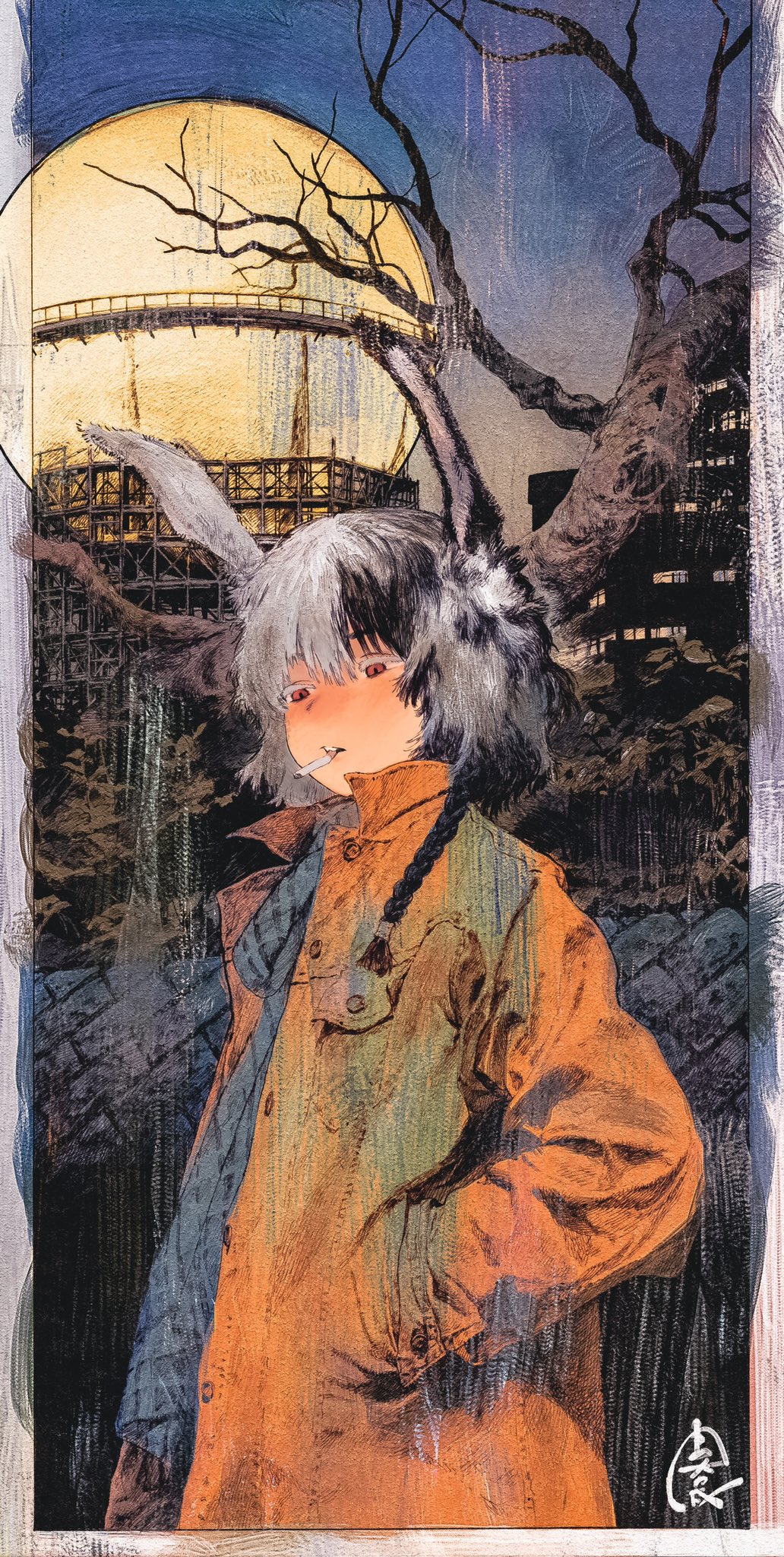 1girl animal_ears black_hair blue_scarf blush braid building cigarette coat commentary_request expressionless grey_hair hands_in_pockets highres multicolored_hair open_clothes open_coat orange_coat original outdoors rabbit_ears red_eyes scarf side_braid single_braid sky smoking solo traditional_media tree two-tone_hair uchida_akira_(taaiseee1121) upper_body