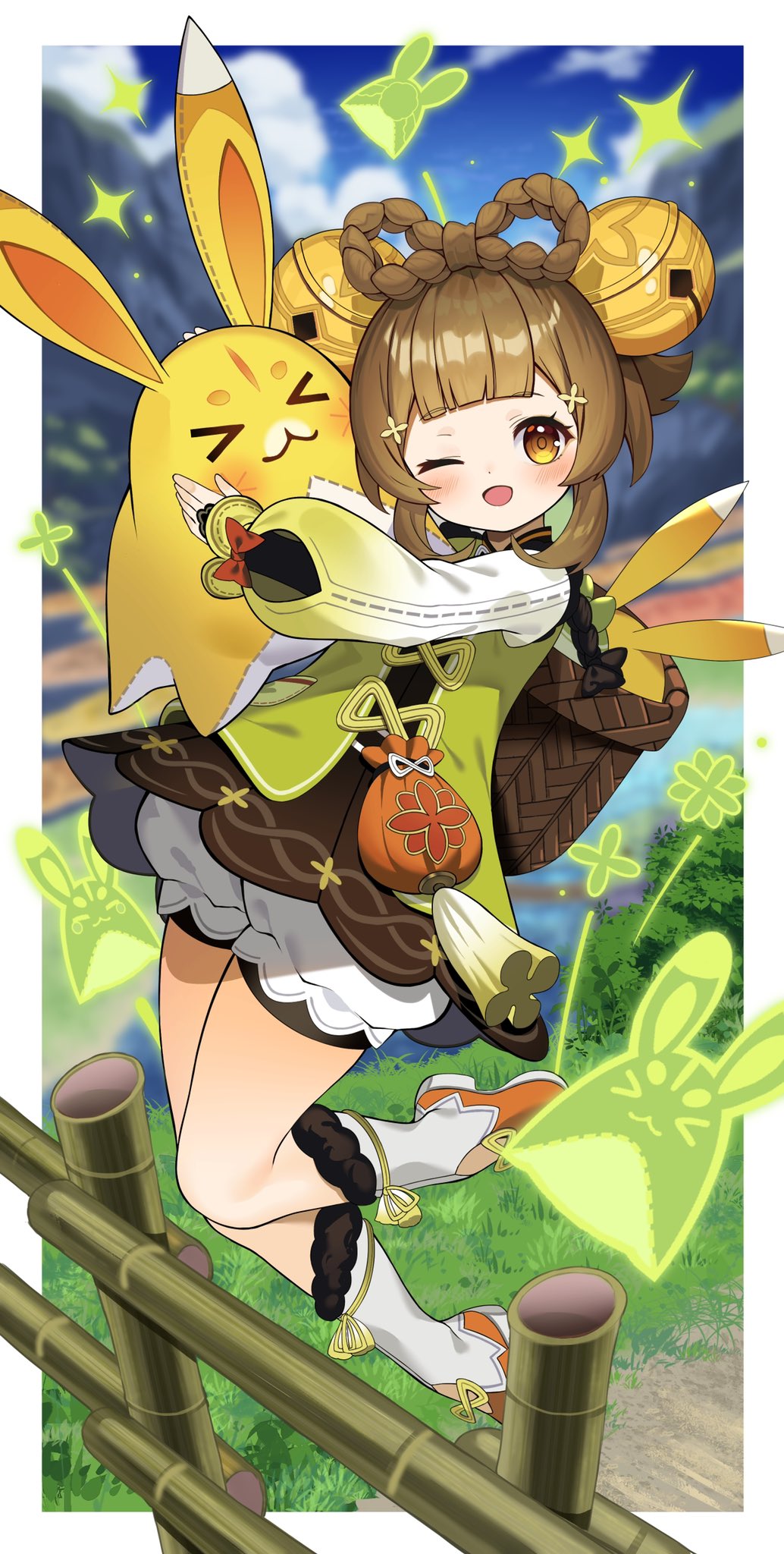 &gt;_&lt; 1girl 1other animal animal_ears arms_up bag bamboo bamboo_fence bangs basket bell bloomers blue_sky blunt_bangs blurry blurry_background blush boots border bow bow-shaped_hair brown_dress brown_eyes brown_hair bush closed_eyes cloud cloudy_sky day dress fence flower fur-trimmed_footwear fur_trim genshin_impact grass green_flower green_vest hair_bell hair_flower hair_ornament hands_up highres hug leaf leg_up long_sleeves looking_at_viewer mountain one_eye_closed open_mouth orange_bow orange_footwear outdoors outside_border puffy_long_sleeves puffy_sleeves rabbit rabbit_ears red_bow river shirt short_hair sidelocks sky smile standing standing_on_one_leg tassel tongue two-tone_footwear two-tone_fur underwear vest water white_border white_footwear white_fur white_shirt yaoyao_(genshin_impact) yellow_bow yellow_flower yellow_fur yuegui_(genshin_impact) yuujin_(yuzinn333)