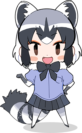 1girl animal_ears black_eyes bow bowtie common_raccoon_(kemono_friends) elbow_gloves extra_ears gloves grey_hair kemono_friends kemono_friends_3 kurokw looking_at_viewer lowres official_art open_mouth pantyhose raccoon_ears raccoon_girl raccoon_tail shirt short_hair skirt solo tail transparent_background