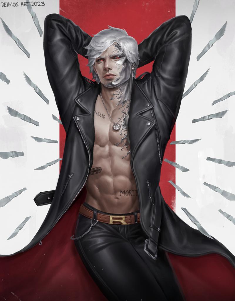 1boy 2023 abs arms_behind_head artist_name black_sclera chest_tattoo colored_sclera deimos_art drawing jacket jewelry jojo_no_kimyou_na_bouken knife leather leather_jacket male_focus metal_skin metallica_(stand) multiple_weapons muscular muscular_male necklace pectorals red_background red_eyes redesign risotto_nero short_hair silver_skin tattoo two-tone_background vento_aureo white_background