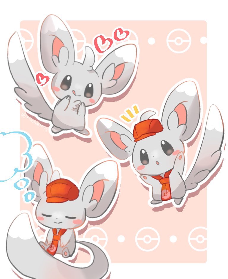 :q ascot blush_stickers chira_(riiche573) closed_mouth clothed_pokemon commentary_request hat heart minccino no_humans outline poke_ball_print poke_ball_symbol pokemon pokemon_(creature) pokemon_cafe_mix smile tongue tongue_out