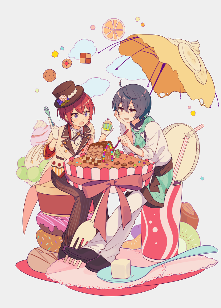2boys 4_(nakajima4423) ahoge banana banana_slice bangs black_footwear black_hair blush brown_headwear brown_pants buttons candy checkerboard_cookie cloud commentary_request cookie cup cupcake disposable_cup doughnut drinking_straw ensemble_stars! food fork fruit full_body gingerbread_house hair_between_eyes hand_up hands_up hat head_rest heart holding holding_food holding_fork ice_cream jacket kiwi_(fruit) kiwi_slice konpeitou lapels long_sleeves male_focus multiple_boys open_mouth orange_(fruit) orange_slice oversized_food oversized_object pants purple_eyes red_eyes red_hair sakuma_ritsu shirt shoes short_hair sidelocks simple_background sitting smile soda spoon star_(symbol) striped striped_pants sugar_cube suou_tsukasa tilted_headwear top_hat tree umbrella v-shaped_eyebrows vertical-striped_pants vertical_stripes whipped_cream white_background white_jacket white_pants white_shirt yellow_jacket