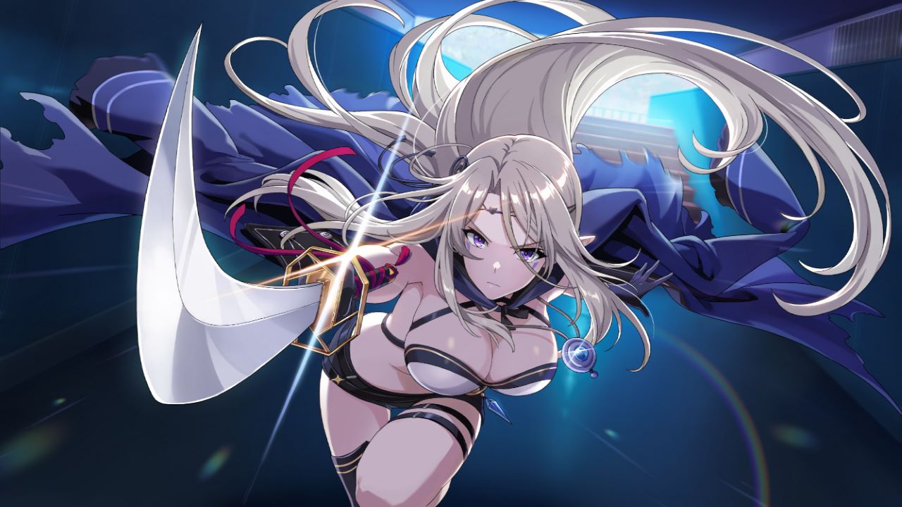asymmetrical_legwear beatrix_(kage_no_jitsuryokusha_ni_naritakute!) bikini bikini_top_only blonde_hair breasts cleavage elf game_cg gleam holding holding_sword holding_weapon jacket jewelry kage_no_jitsuryokusha_ni_naritakute! katana large_breasts legband long_hair midriff necklace non-web_source open_clothes open_jacket pointy_ears purple_eyes serious shorts swimsuit sword very_long_hair weapon