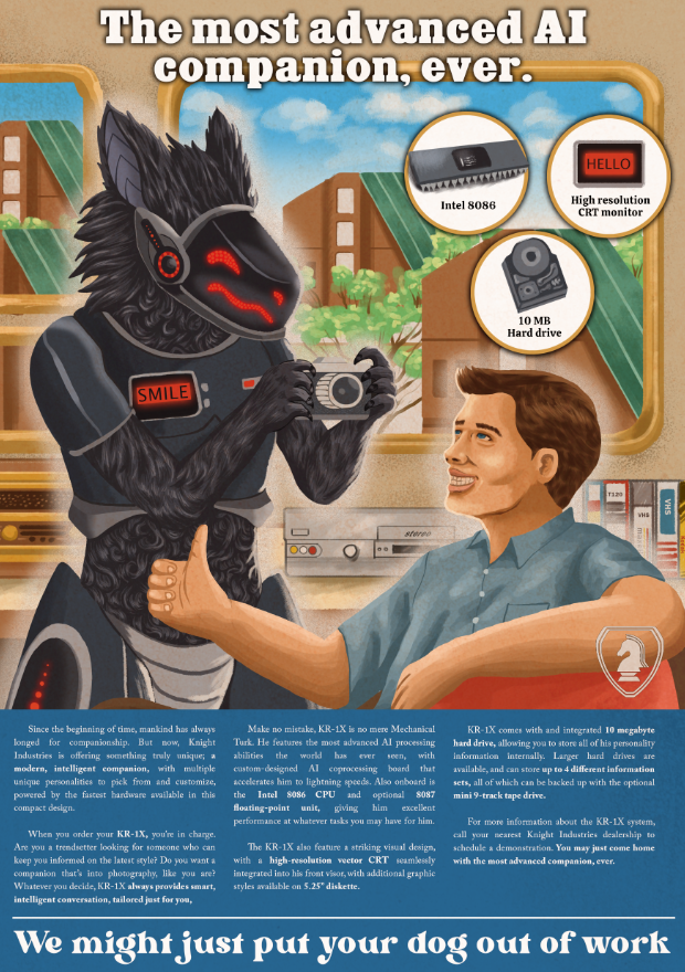 1950s 1960s advertisement anthro armor black_body black_fur blue_clothing blue_shirt blue_topwear camera clothing computer crt curly_fur duo fur gesture hard_drive knightrider machine magazine male male/male protogen radio shirt thumbs_up topwear vhs vintage