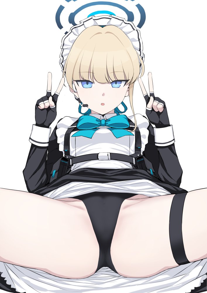 1girl apron blonde_hair blue_archive blue_bow blue_bowtie blue_eyes blue_ribbon bow bowtie braid bun_cover chest_harness crotch double_v earpiece elbow_gloves fingerless_gloves frilled_apron frills gloves hair_ribbon halo hands_up harness juliet_sleeves kumadano leotard leotard_under_clothes long_sleeves lying maid_headdress on_back puffy_sleeves ribbon spread_legs thigh_strap toki_(blue_archive) v white_apron white_background