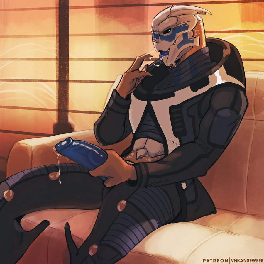 alien armor blue_penis bodily_fluids clothed clothing erection furniture garrus_vakarian genital_fluids genitals humanoid looking_at_viewer male mass_effect on_sofa penis precum saliva_astring sitting sitting_on_sofa sofa solo tongue tongue_out turian vhkansfweer