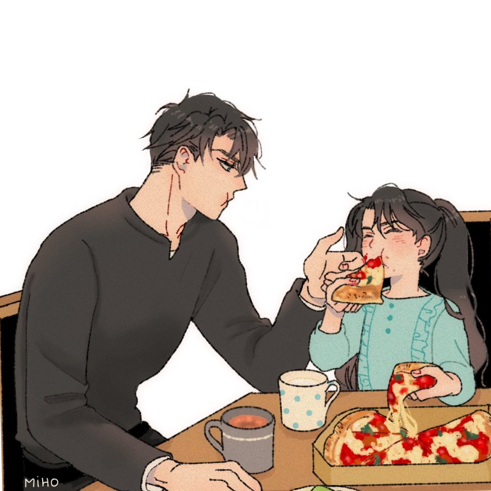 1boy 1girl bangs black_hair black_shirt blue_shirt blush brother_and_sister chair child closed_eyes closed_mouth commentary cup eating female_child food food_on_face holding holding_food long_hair long_sleeves looking_at_viewer mihokuma mug omniscient_reader's_viewpoint parted_bangs pizza pizza_box pizza_slice shirt short_hair siblings simple_background sitting symbol-only_commentary table twintails white_background wiping_face yoo_joonghyuk yoo_mia