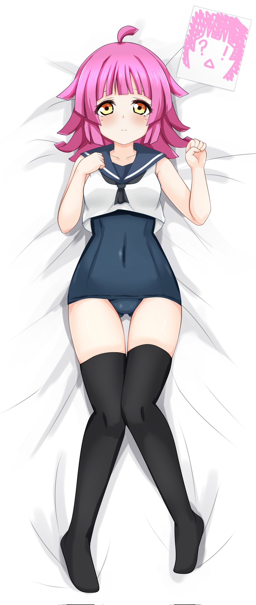 ! 1girl ? ahoge ass_visible_through_thighs bangs bed_sheet black_neckerchief black_thighhighs blue_one-piece_swimsuit blue_sailor_collar blunt_bangs blunt_ends blush breasts clenched_hands collarbone commentary_request covered_navel drawing expressionless hand_up highres kinnikku legs looking_at_viewer love_live! love_live!_nijigasaki_high_school_idol_club lying neckerchief no_shoes on_bed one-piece_swimsuit paper pink_hair rina-chan_board sailor_collar school_swimsuit school_swimsuit_flap shirt short_hair sleeveless sleeveless_shirt small_breasts solo swimsuit tennouji_rina thighhighs thighs white_shirt yellow_eyes