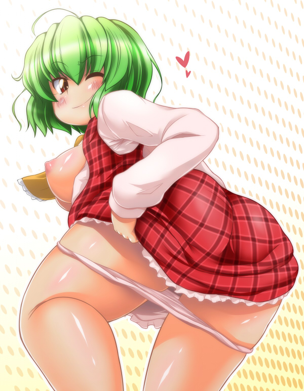 ;) ascot ass breasts breasts_outside from_below green_hair heart kazami_yuuka large_breasts looking_back nipples one_eye_closed panties panty_pull plaid plaid_skirt plaid_vest plump red_eyes shiny shiny_skin short_hair skirt skirt_set smile solo sugiura touhou underwear vest