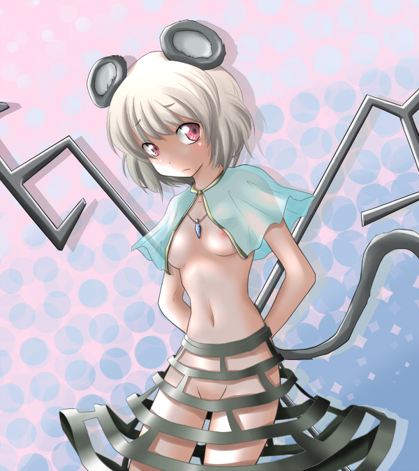animal_ears ao_usagi arms_behind_back breasts capelet closed_mouth embarrassed hole jewelry medium_breasts mouse_ears mouse_tail nazrin nipple_slip nipples no_panties pendant see-through short_hair silver_hair skirt solo tail touhou