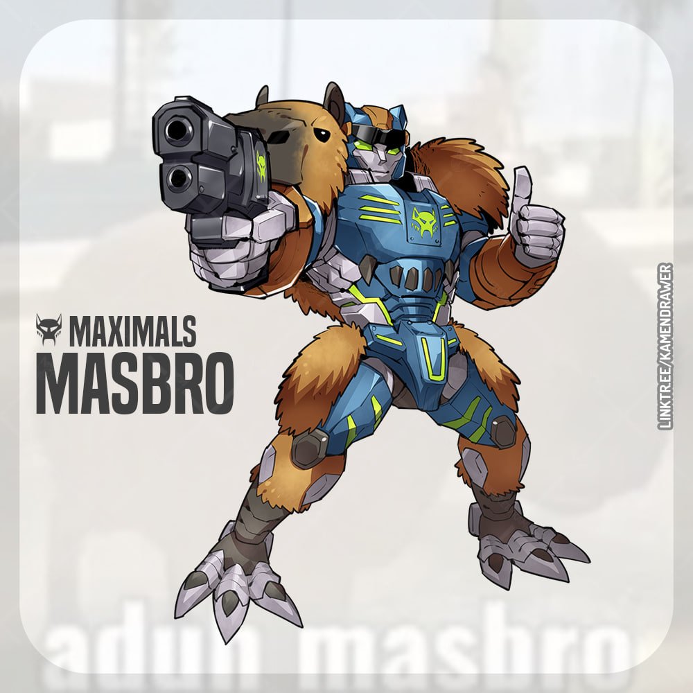 ashmish beast_wars character_name green_eyes gun holding holding_gun holding_weapon looking_at_viewer maximal mecha no_humans original robot science_fiction smile solo standing thumbs_up transformers weapon web_address