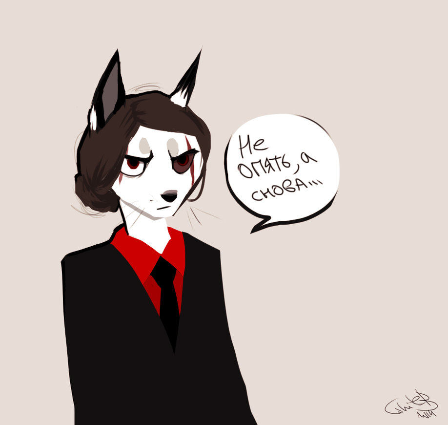 2015 angry anthro black_clothing black_ears black_necktie black_nose black_topwear brown_hair brown_sclera clothed clothing cyrillic_text felid female grey_background hair mammal mouth_closed narrowed_eyes necktie red_clothing red_eyes red_topwear signature simple_background solo text topwear translation_request unknowhiter whiskers white_body white_ears