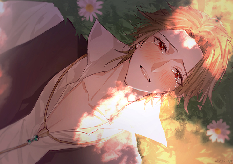 1boy brown_hair brown_vest clock_zero collared_shirt crying crying_with_eyes_open daisy flower grass jewelry jouhouya_(clock_zero) kaori looking_up lying male_focus necklace on_back red_eyes shirt short_hair solo tears vest white_shirt