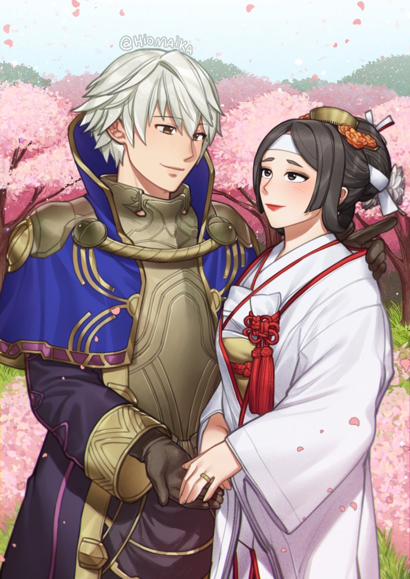 1boy 1girl alternate_costume alternate_hairstyle armor bangs black_eyes black_gloves black_hair black_robe blush breastplate brown_eyes cherry_blossoms closed_mouth commentary commission english_commentary fire_emblem fire_emblem_awakening flower gloves gold_trim grey_hair hair_between_eyes hiomaika holding_hands japanese_clothes jewelry kimono lips lipstick long_hair looking_at_another makeup official_alternate_costume outdoors petals pink_flower red_lips ring robe robin_(fire_emblem) robin_(male)_(fire_emblem) say'ri_(fire_emblem) short_hair sky smile tree twitter_username uchikake wedding wedding_ring white_kimono