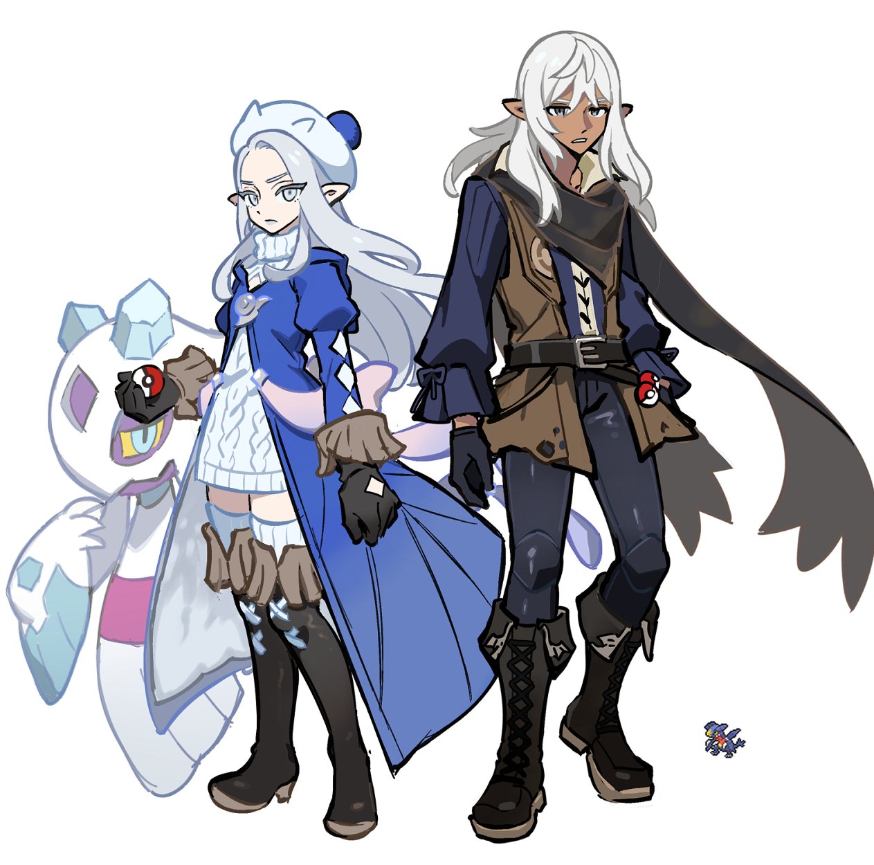 1boy 1girl bangs crossover dress elezen elf estinien_varlineau final_fantasy final_fantasy_xiv froslass gloves grey_hair grey_lips highres holding lipstick long_hair looking_at_viewer makeup pointy_ears poke_ball pokemon pokemon_(game) wuliu_heihuo ysayle_dangoulain