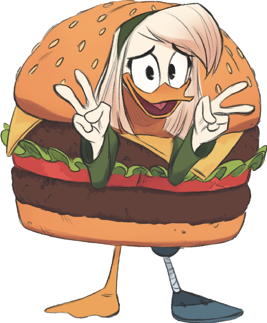 anatid anseriform avian bird burger burger_costume cheeseburger_costume clothing costume della_duck duck fanzeem female food food_costume solo